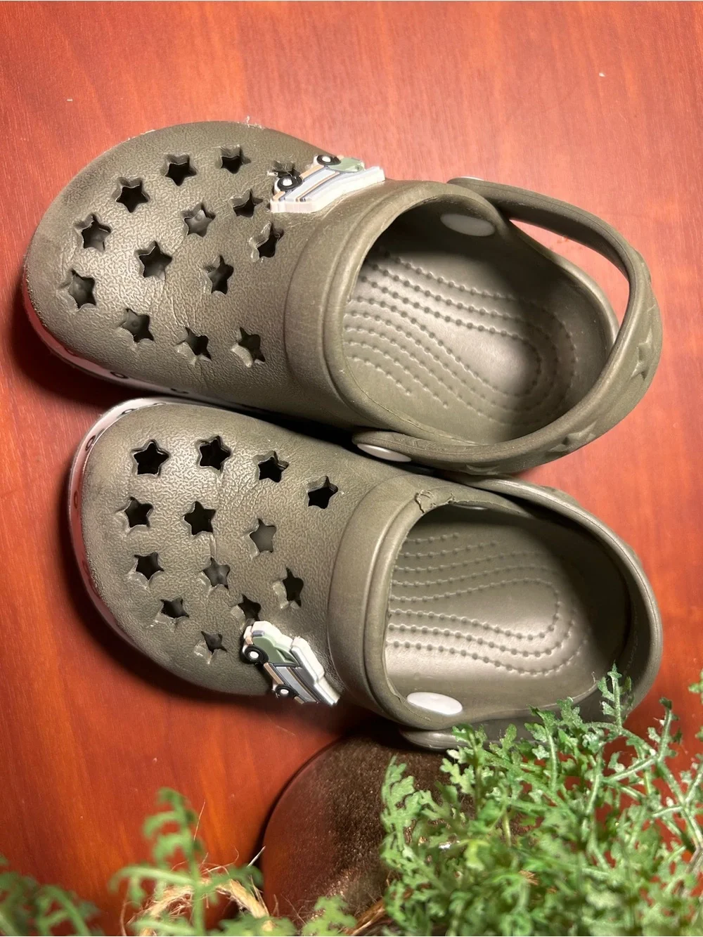 Kids Star-Cut Slip-On Clogs in Olive Green with Vehicle Accent